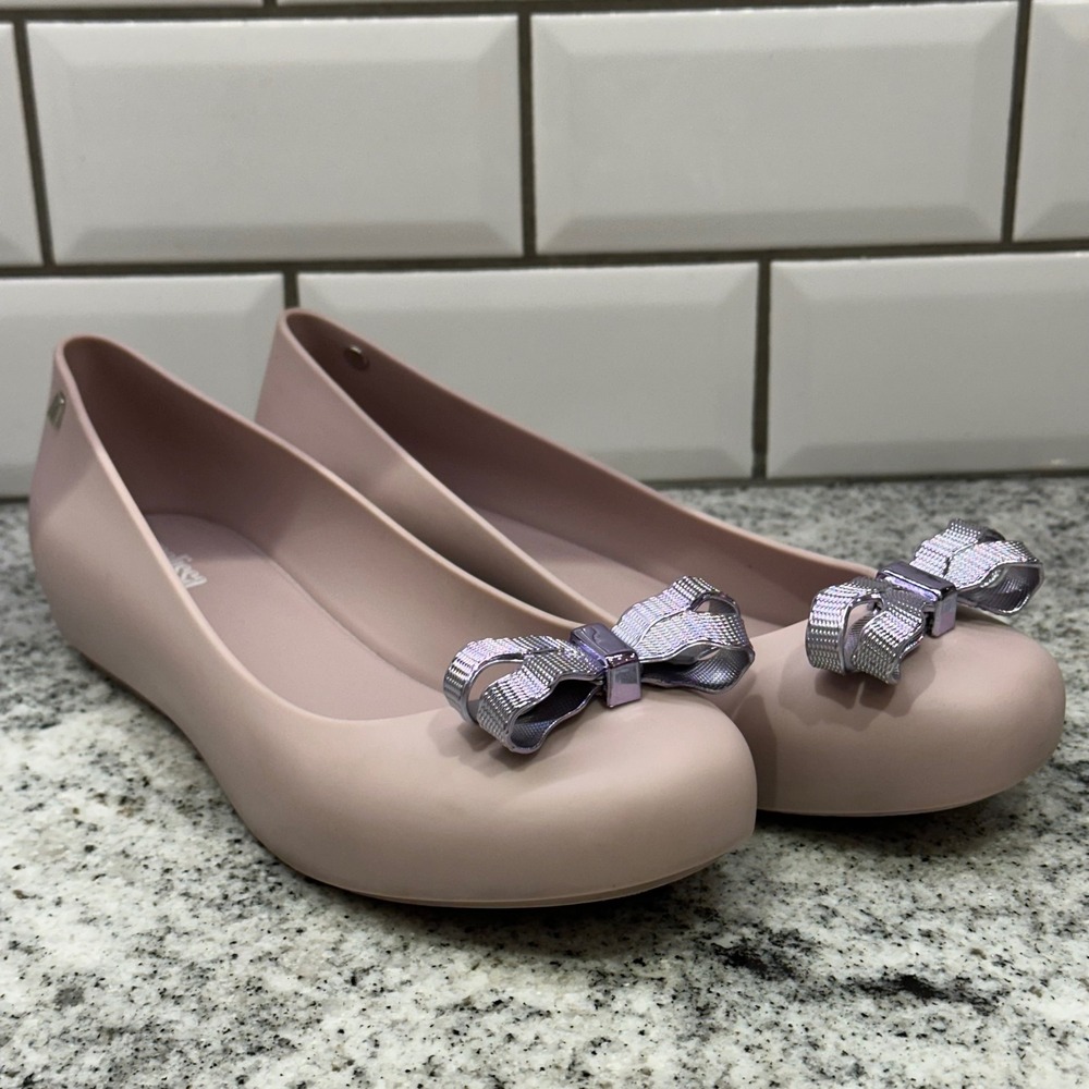 Melissa Womens 8 Ultragirl Jelly Ballet Flats Pink Metallic Bow Vegan Coquette